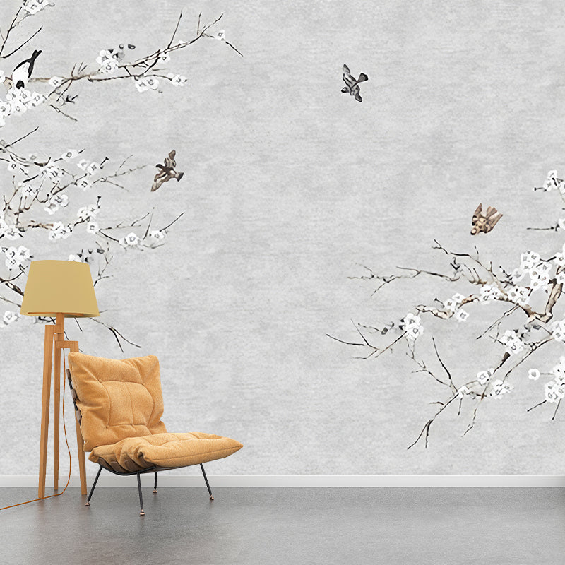 Enormous Branch and Bird Mural Wallpaper for Accent Wall in Grey, Stain-Resistant