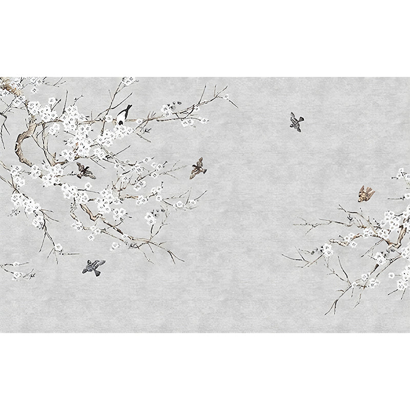 Enormous Branch and Bird Mural Wallpaper for Accent Wall in Grey, Stain-Resistant