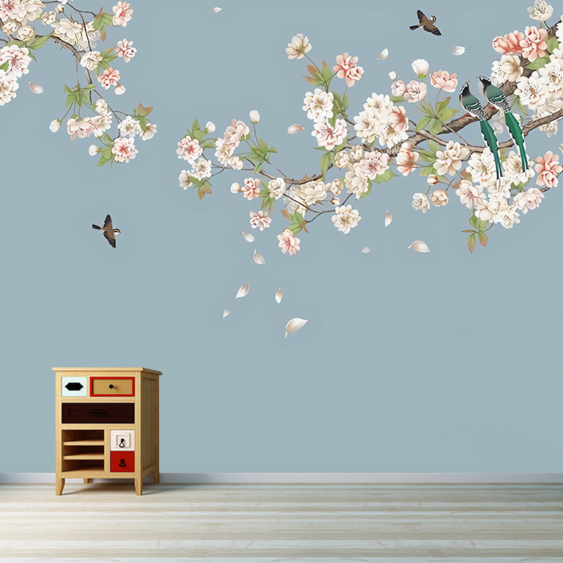 Giant Minimalist Mural Wallpaper Green and Pink Cluster Blossoms Wall Covering, Personalized Size Available