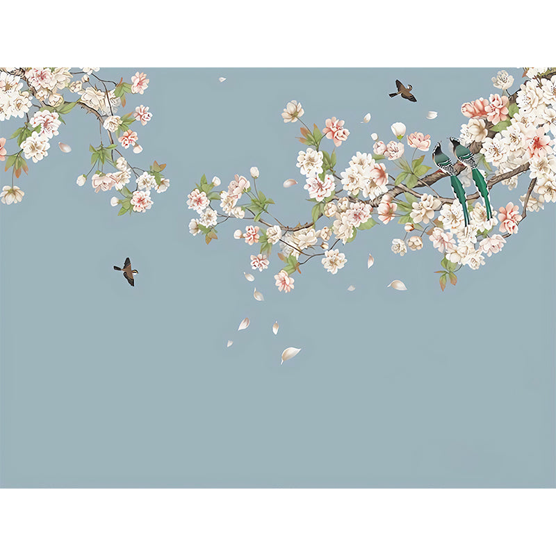 Giant Minimalist Mural Wallpaper Green and Pink Cluster Blossoms Wall Covering, Personalized Size Available