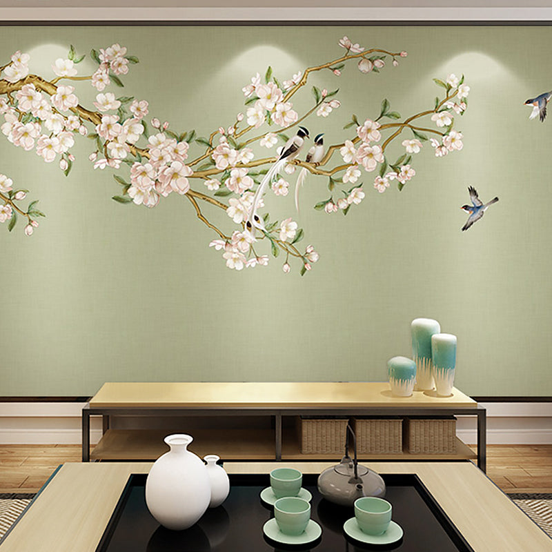 Extra Large Peach Flower Mural in Pink and Green Non-Woven Wall Art for Guest Room, Custom-Printed