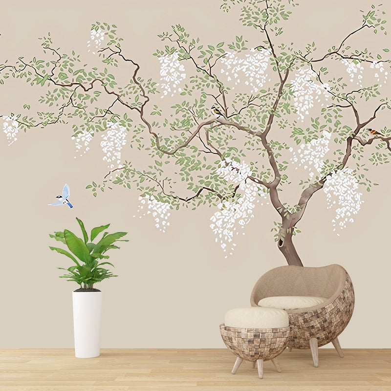 Simple Tree Mural Wallpaper in Green and Brown Living Room Wall Decor, Custom-Made