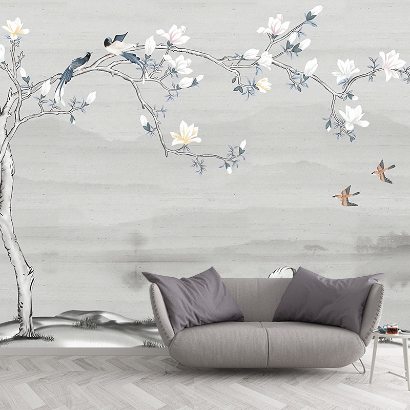 Illustration Magnolia Wall Mural Full Size Wall Covering for Bedroom, Made to Measure