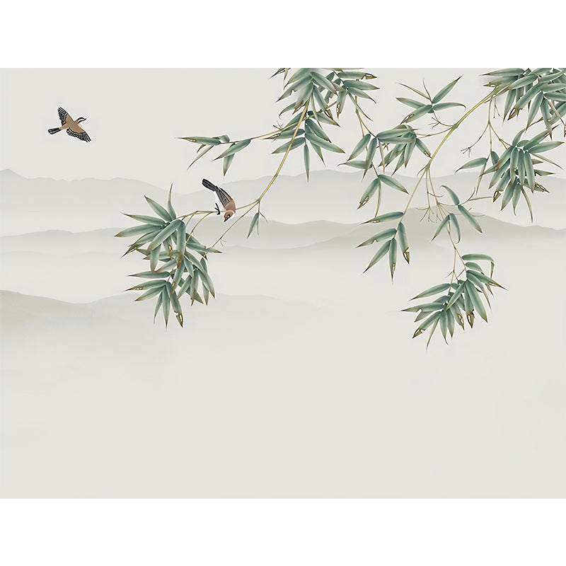 Minimalist Bamboo Leaf Wall Decor for Accent Wall, Custom Size Wall Mural in Green and White