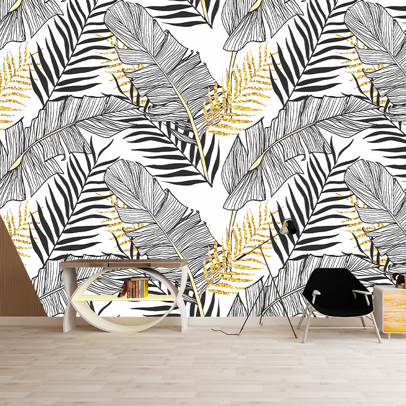 Large Illustration Banana Leaves Mural Wallpaper for Accent Wall in Grey, Personalized Size Available