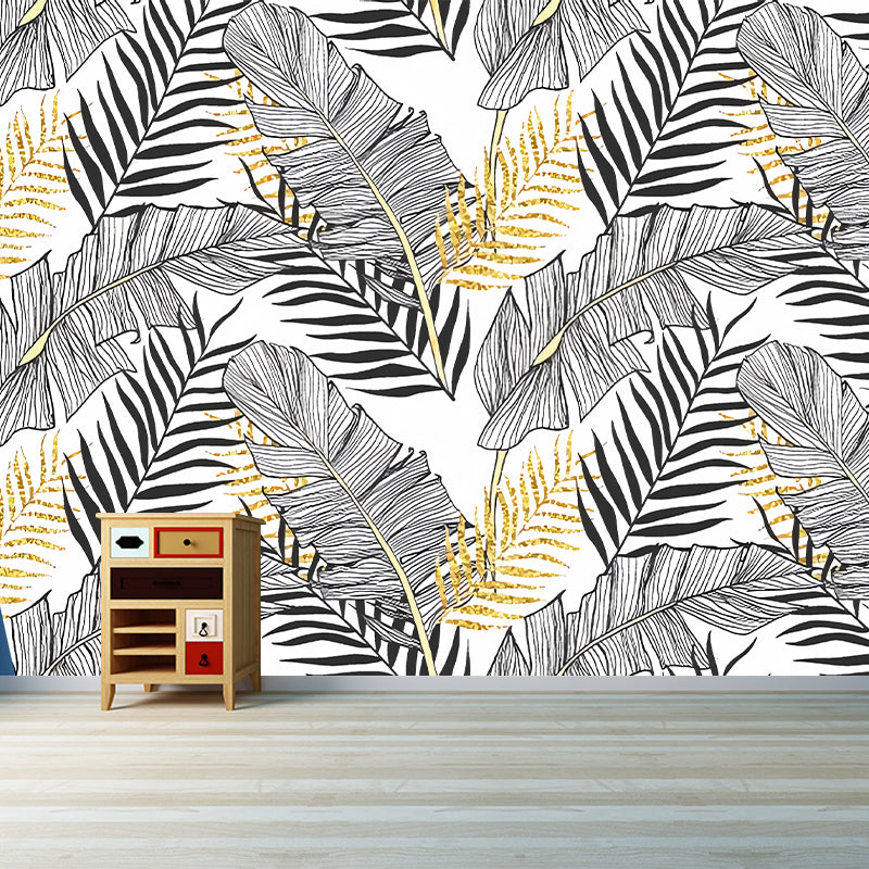 Large Illustration Banana Leaves Mural Wallpaper for Accent Wall in Grey, Personalized Size Available