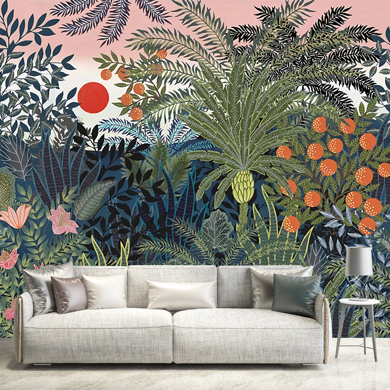 Whole Illustration Nordic Wall Mural for Bedroom Decor with Jungle and Sun Pattern in Green