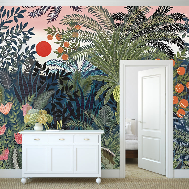 Whole Illustration Nordic Wall Mural for Bedroom Decor with Jungle and Sun Pattern in Green
