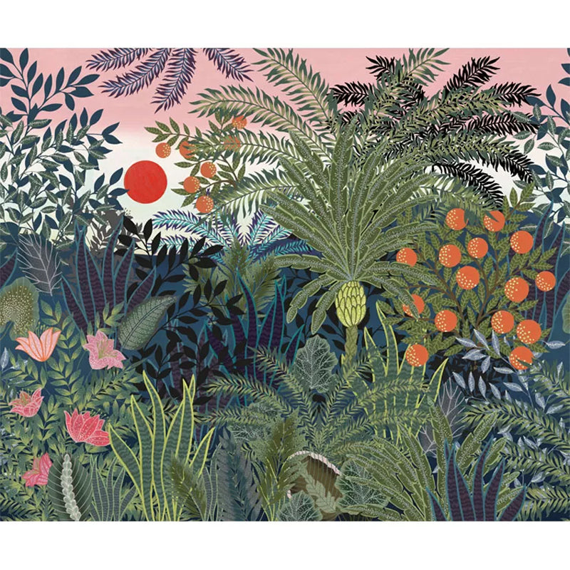Whole Illustration Nordic Wall Mural for Bedroom Decor with Jungle and Sun Pattern in Green