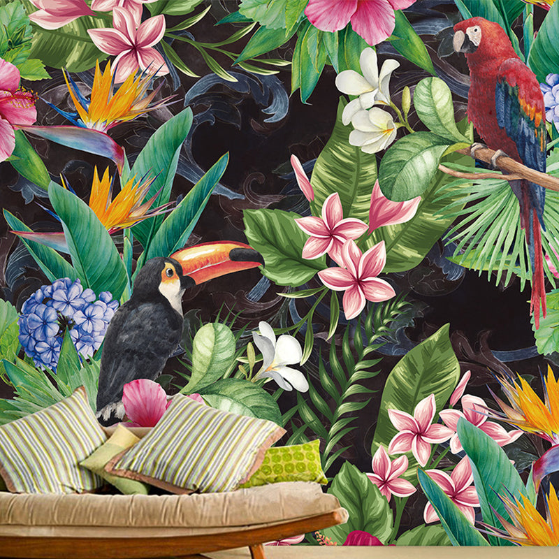 Modern Blossoms and Bird Mural in Green and Red Guest Room Wall Art, Custom-Made