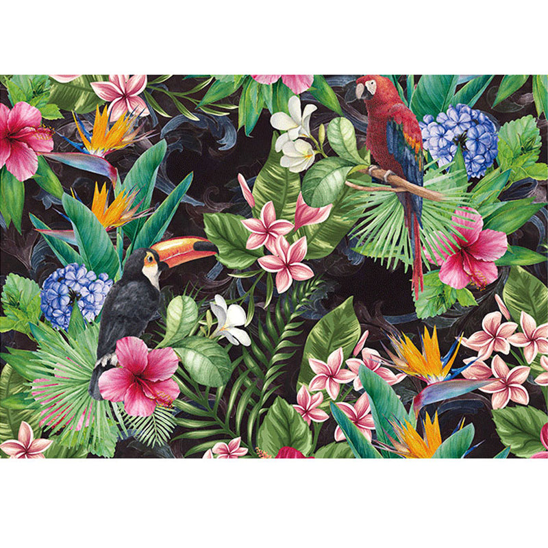 Modern Blossoms and Bird Mural in Green and Red Guest Room Wall Art, Custom-Made