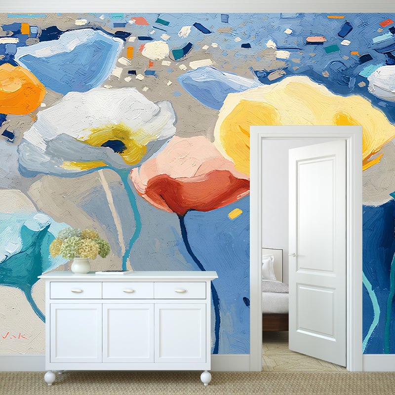 Einfaches Wandgemälde in Originalgröße für Schlafzimmer mit Aquarellfarben des Blumenmusters in neutralen Farben