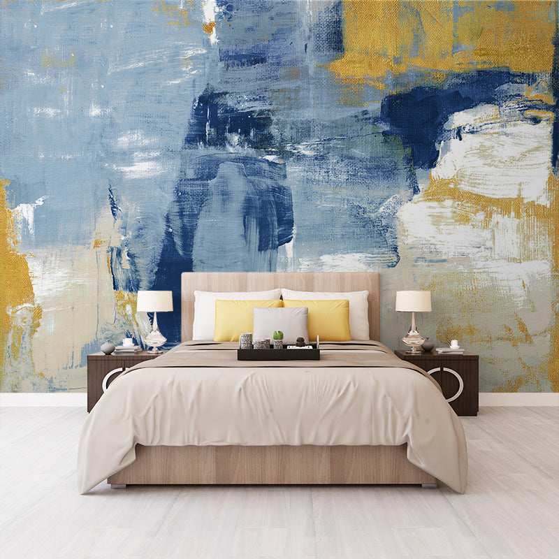 Vinilo Mural Original de Acuarelas para Cafetería, Azul y Amarillo, Hecho a Medida