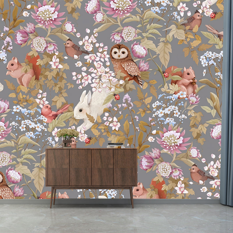 Cute Owl and Squirrel Mural Wallpaper for Girl's Bedroom, Pastel Pink, Made to Measure
