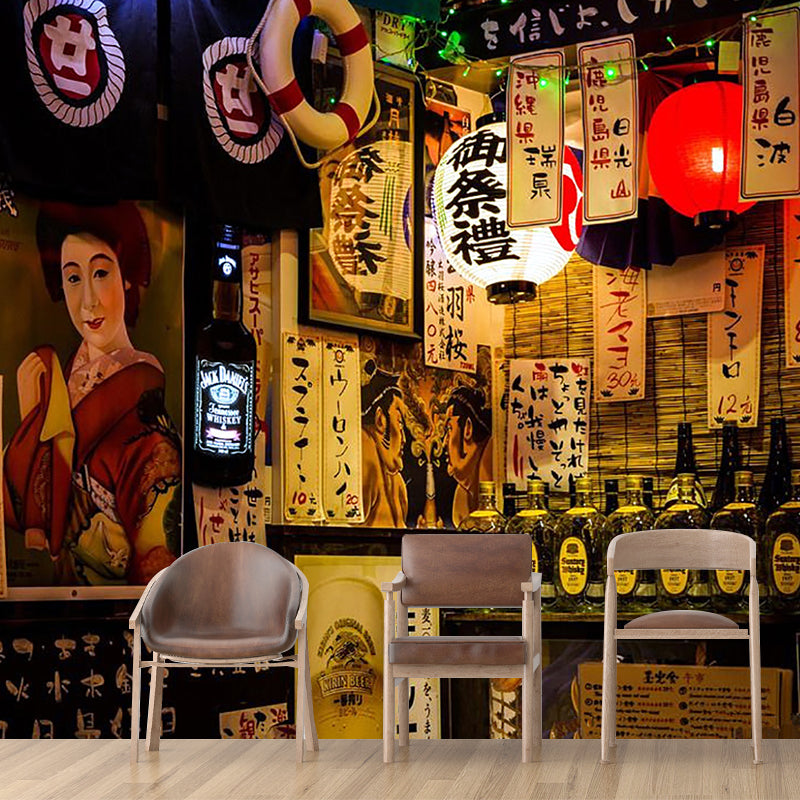 Japanese Poster Mural Wallpaper in Red and Brown, Oriental Wall Covering for Restaurant