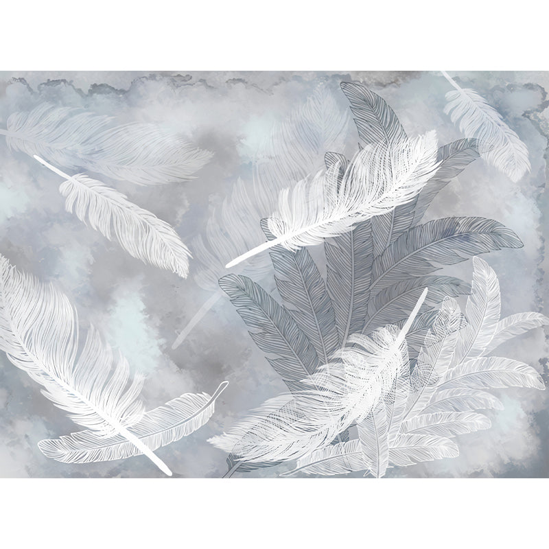Feather Mural Wallpaper in Pastel Grey, Minimalist Wall Covering for Guest Room Decoration