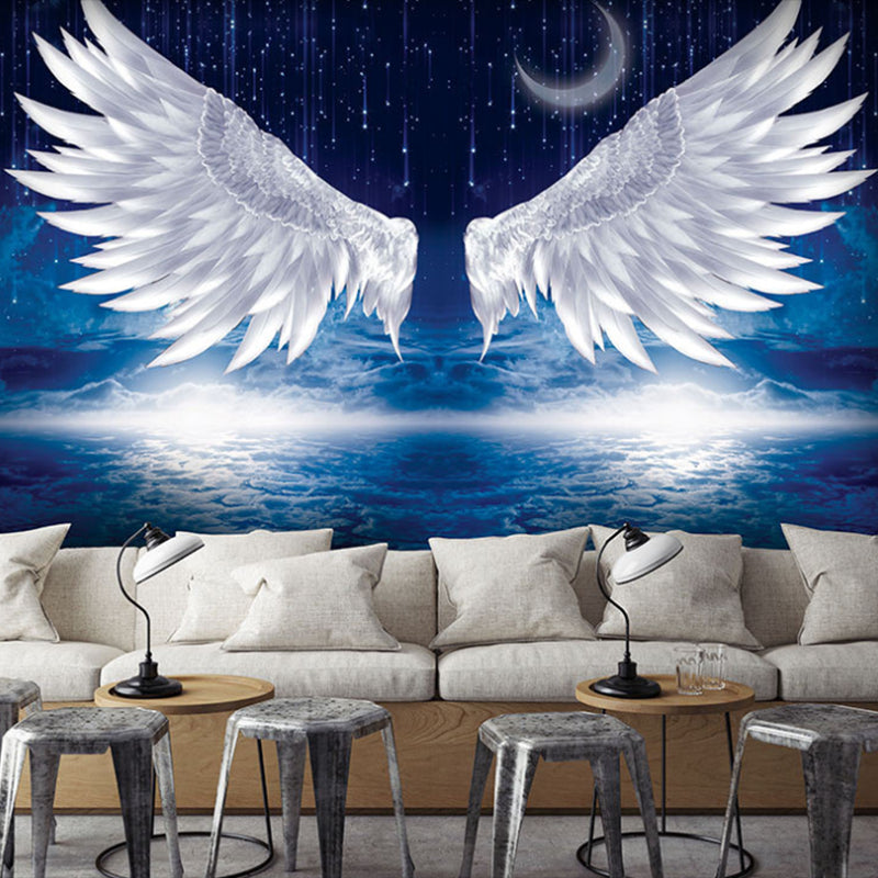 Full Size Wing Mural Wallpaper in White and Blue Non-Woven Fabric Wall Covering for Home Decor, Custom-Made