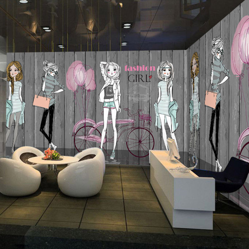 Original Cartoon Beauty Wall Art in Grey Dress Shop Mural Wallpaper, Personalized Size Available
