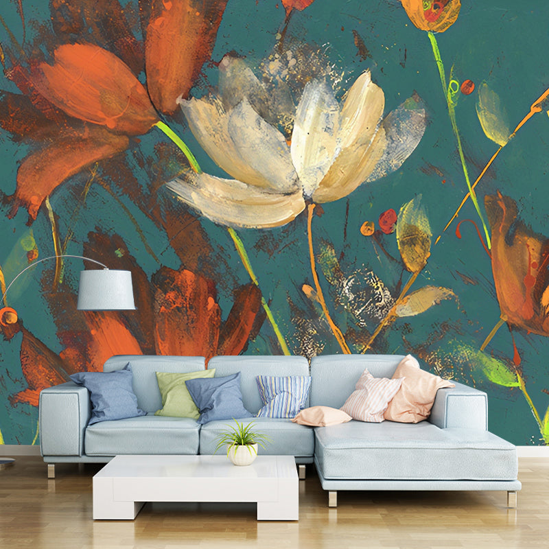 Extra Large Retro Mural Wallpaper in Orange and Green Blossoms Wall Art, Made to Measure