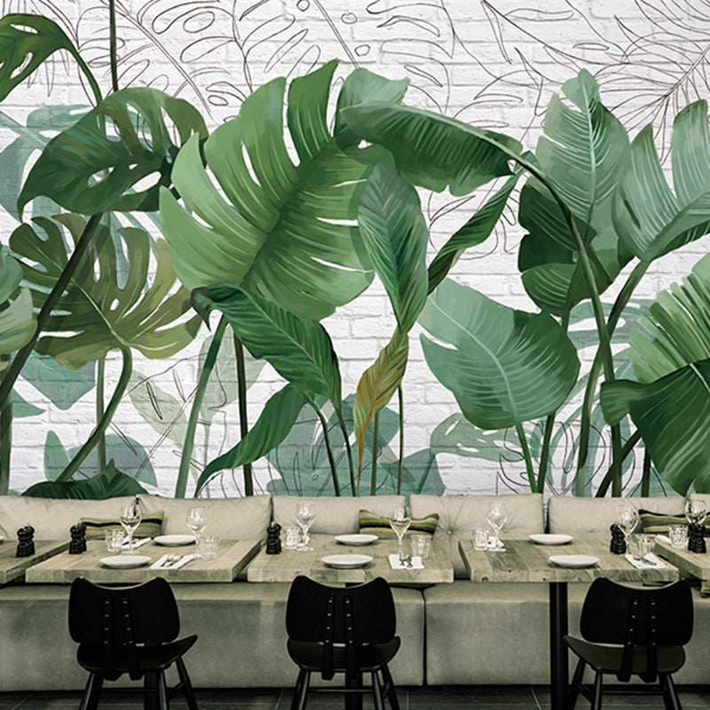 Enormous Banana Leaves Wall Art in Green Non-Woven Fabric Wall Mural Decal for Accent Wall, Custom-Made