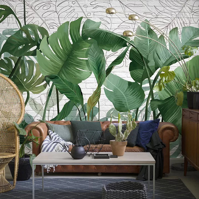 Enormous Banana Leaves Wall Art in Green Non-Woven Fabric Wall Mural Decal for Accent Wall, Custom-Made