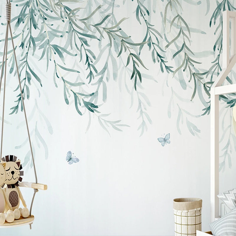 Custom Illustration Nordic Mural Wallpaper for Home Decoration with Willow Tree Design in Green and White