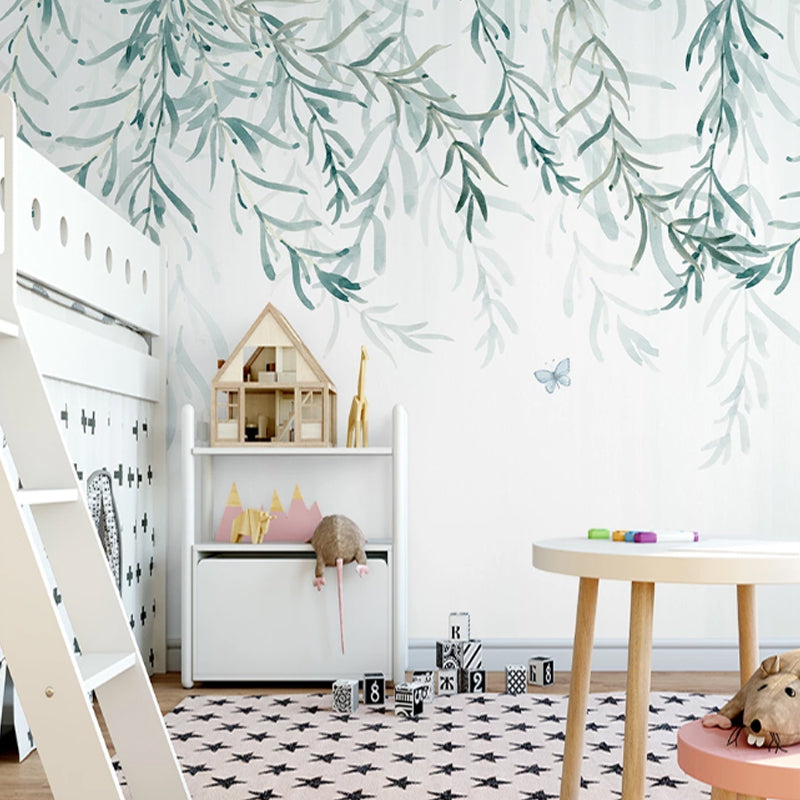 Custom Illustration Nordic Mural Wallpaper for Home Decoration with Willow Tree Design in Green and White