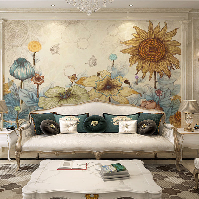 Decorative Sunflower Mural Wallpaper Non-Woven Fabric Nostalgic Wall Covering for Dining Room Decor