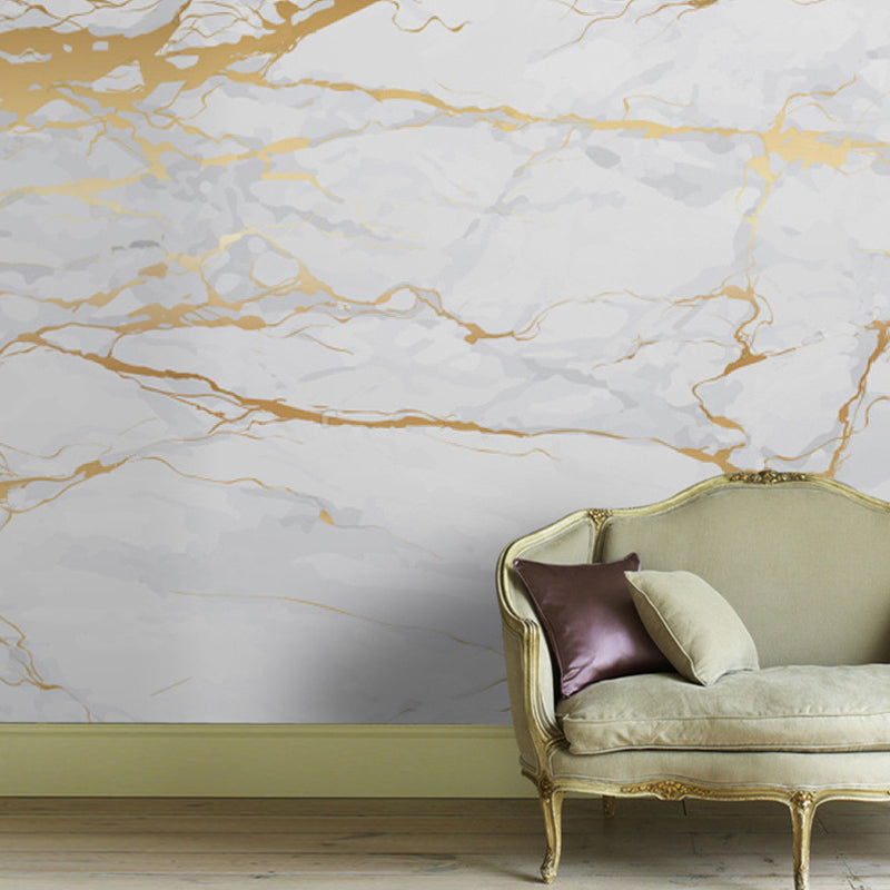 Photo Style Marble Surface Mural Wallpaper for Dining Room in Gold and White, Made to Measure
