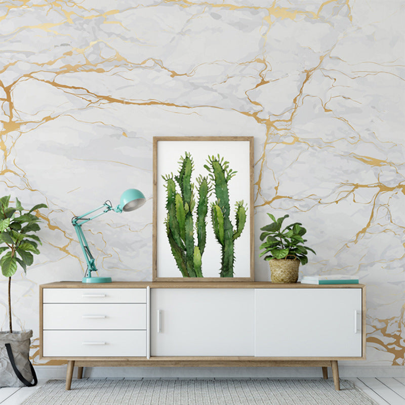 Photo Style Marble Surface Mural Wallpaper for Dining Room in Gold and White, Made to Measure