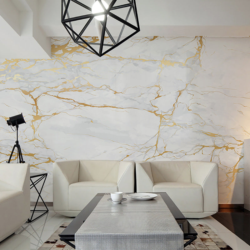 Photo Style Marble Surface Mural Wallpaper for Dining Room in Gold and White, Made to Measure