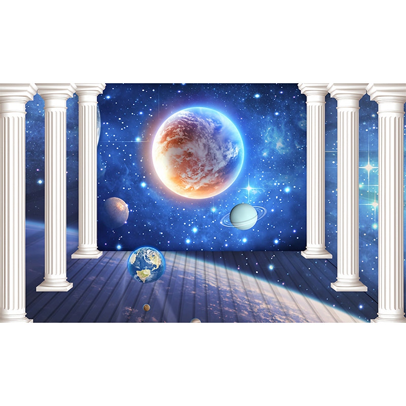 Blue Column and Galaxy Mural Stain-Resistant Wall Art for Office Room Decoration
