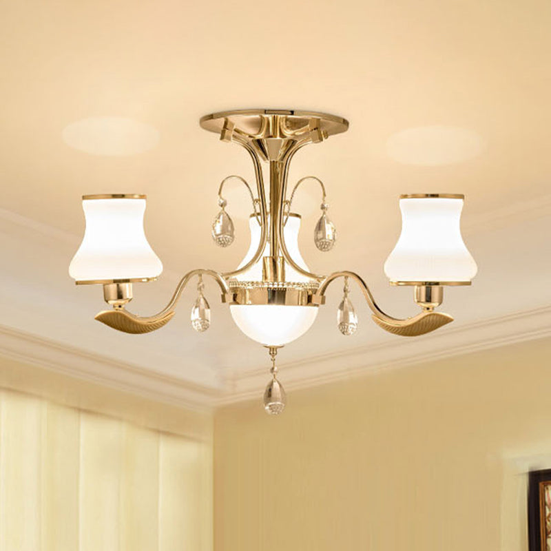3/6 Bulbs Milk Glass Semi Mount Lighting Traditional Gold Pear Shaped Bedroom Close to Ceiling Light