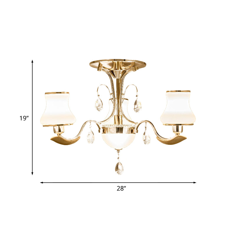 3/6 Bulbs Milk Glass Semi Mount Lighting Traditional Gold Pear Shaped Bedroom Close to Ceiling Light