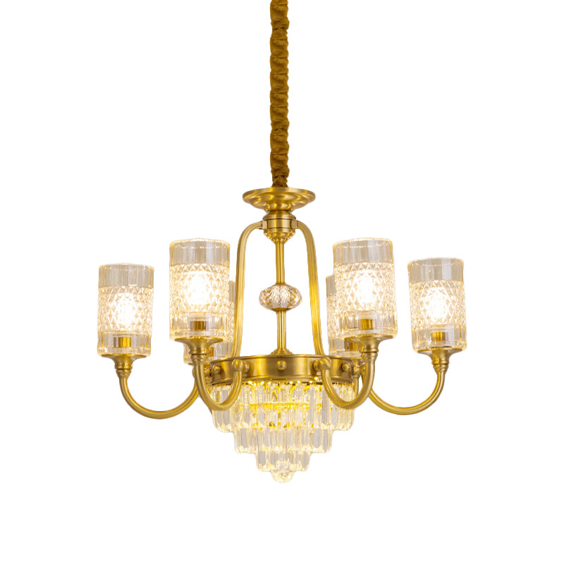 Lámpara colgante de vidrio texturizado de oro colgante de pilares de 6 luces con prisma de cristal escalonado