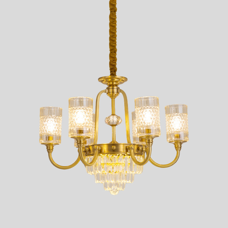 Lámpara colgante de vidrio texturizado de oro colgante de pilares de 6 luces con prisma de cristal escalonado