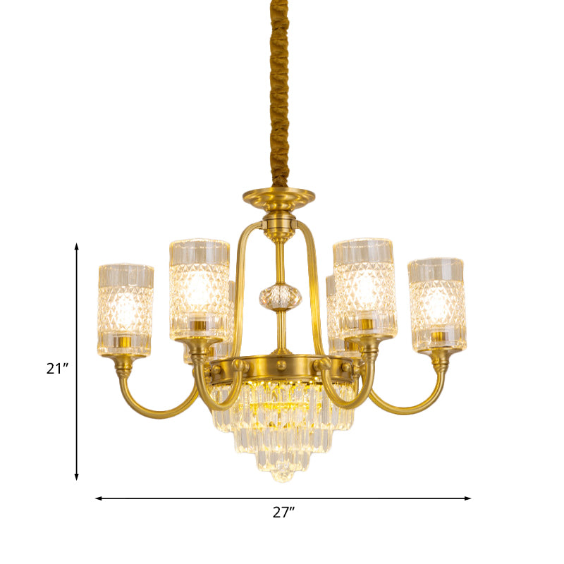 Lámpara colgante de vidrio texturizado de oro colgante de pilares de 6 luces con prisma de cristal escalonado