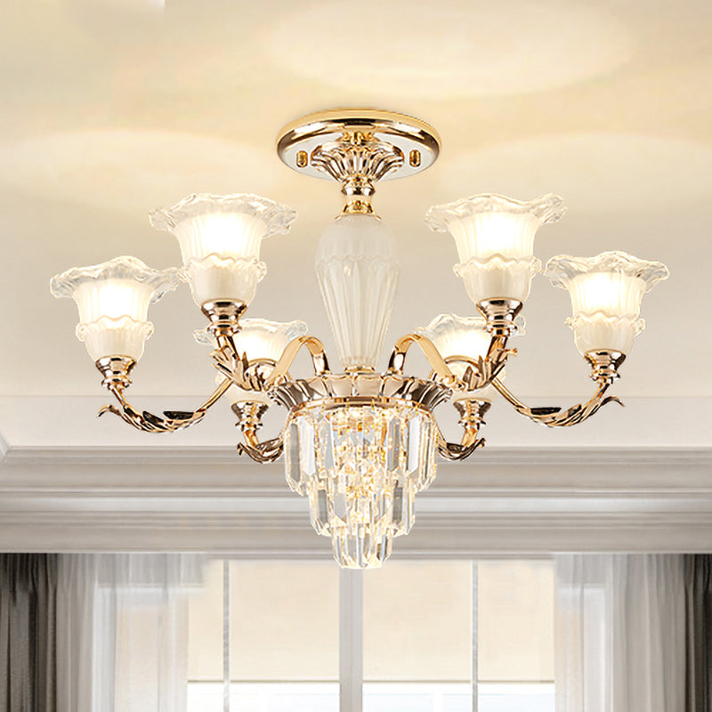 Bellflower Frosted Glass Semi-Flush Light Modern 3/6-Bulb Bedroom Ceiling Mount Chandelier with Crystal Bottom in Gold