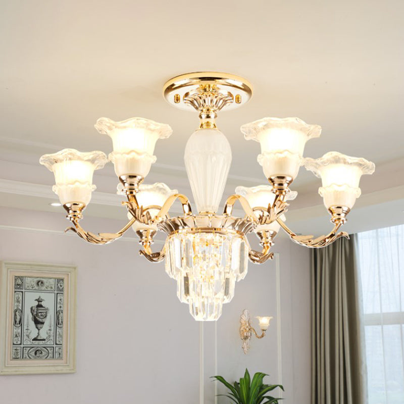 Bellflower Frosted Glass Semi-Flush Light Modern 3/6-Bulb Bedroom Ceiling Mount Chandelier with Crystal Bottom in Gold