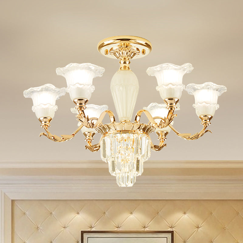 Bellflower Frosted Glass Semi-Flush Light Modern 3/6-Bulb Bedroom Ceiling Mount Chandelier with Crystal Bottom in Gold