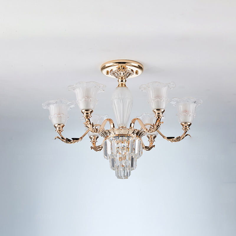Bellflower Frosted Glass Semi-Flush Light Modern 3/6-Bulb Bedroom Ceiling Mount Chandelier with Crystal Bottom in Gold