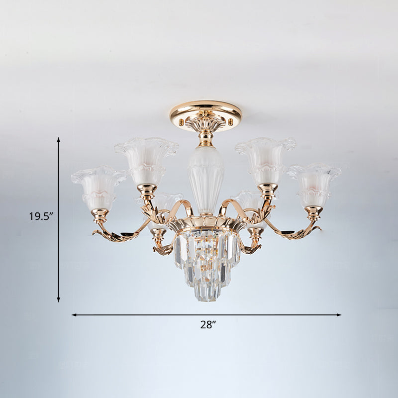Bellflower Frosted Glass Semi-Flush Light Modern 3/6-Bulb Bedroom Ceiling Mount Chandelier with Crystal Bottom in Gold
