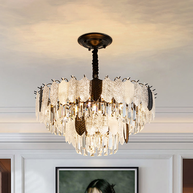 Tiered Ceiling Chandelier Modernist Crystal 11 Lights Black Hanging Light Kit with Leaf Acrylic Detail