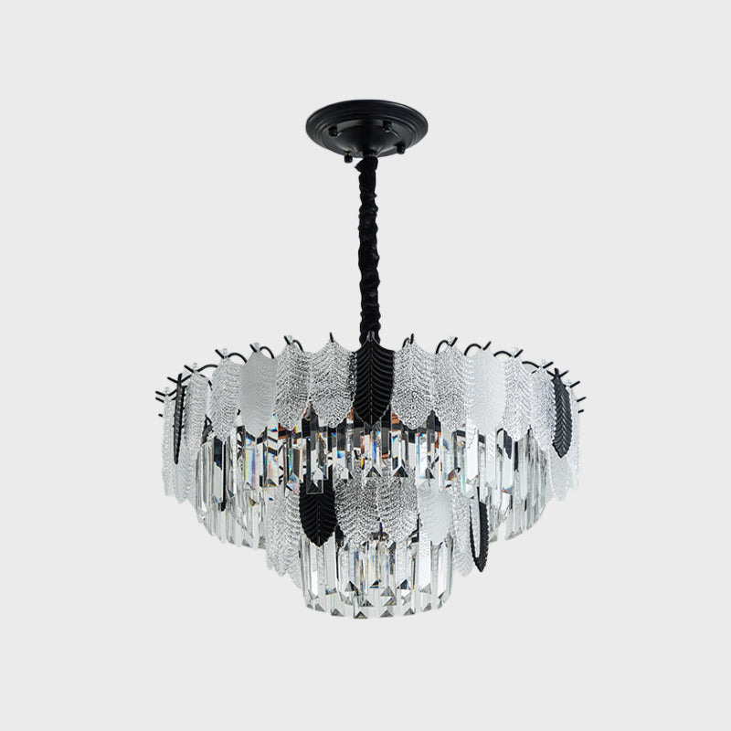 Tiered Ceiling Chandelier Modernist Crystal 11 Lights Black Hanging Light Kit with Leaf Acrylic Detail