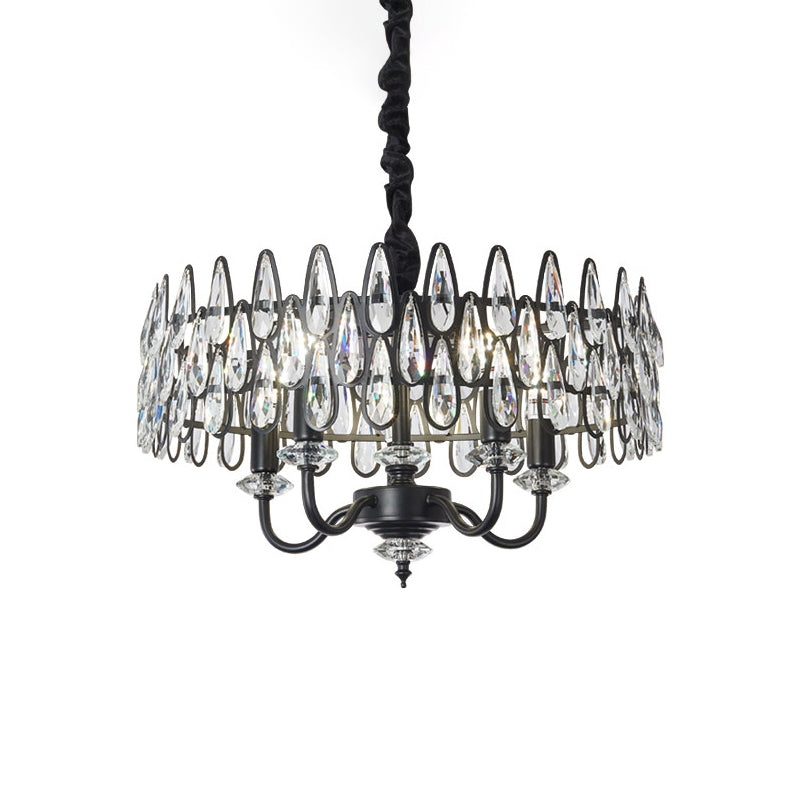 Black Teardrop Ceiling Chandelier with Drum Design Modernism 4-Light Faceted Crystal Hanging Pendant Lamp