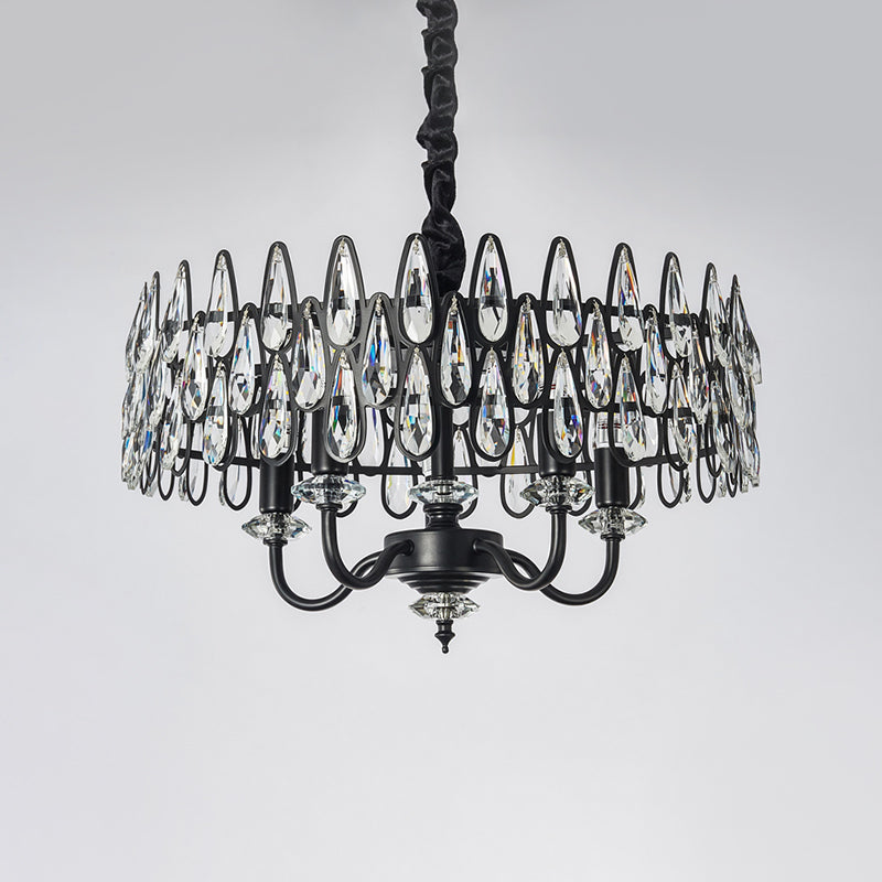 Black Teardrop Ceiling Chandelier with Drum Design Modernism 4-Light Faceted Crystal Hanging Pendant Lamp