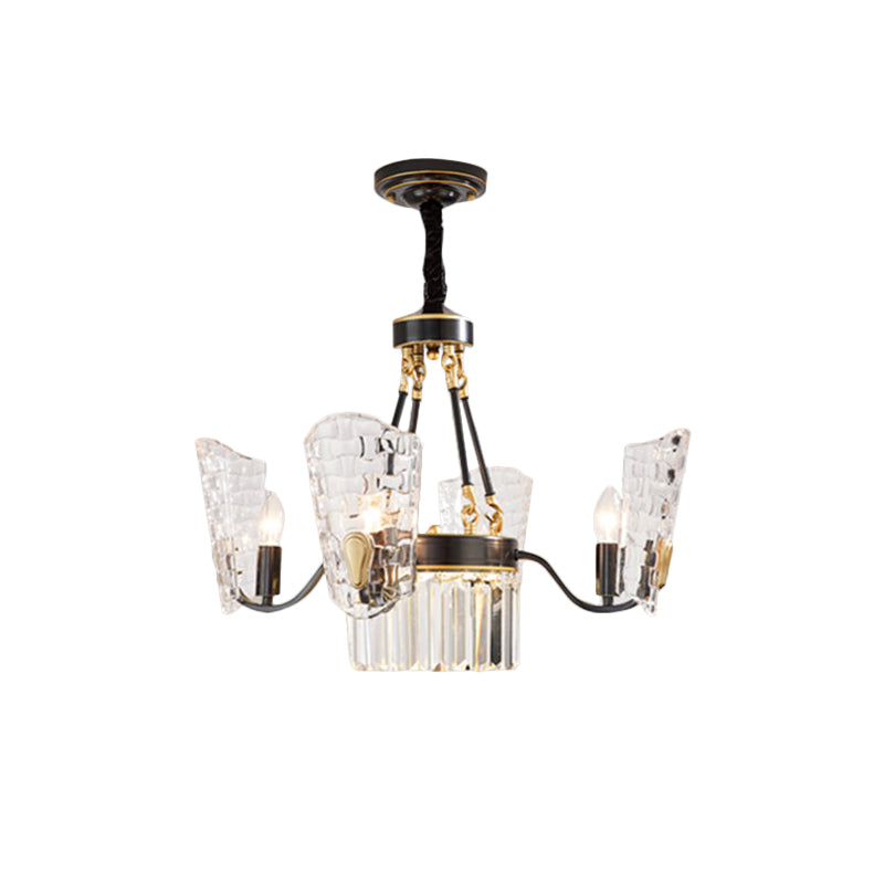 4 Bulbs Dining Room Pendulum Light Modern Black and Gold Finish Chandelier with Arced Panel Clear Crystal Shade