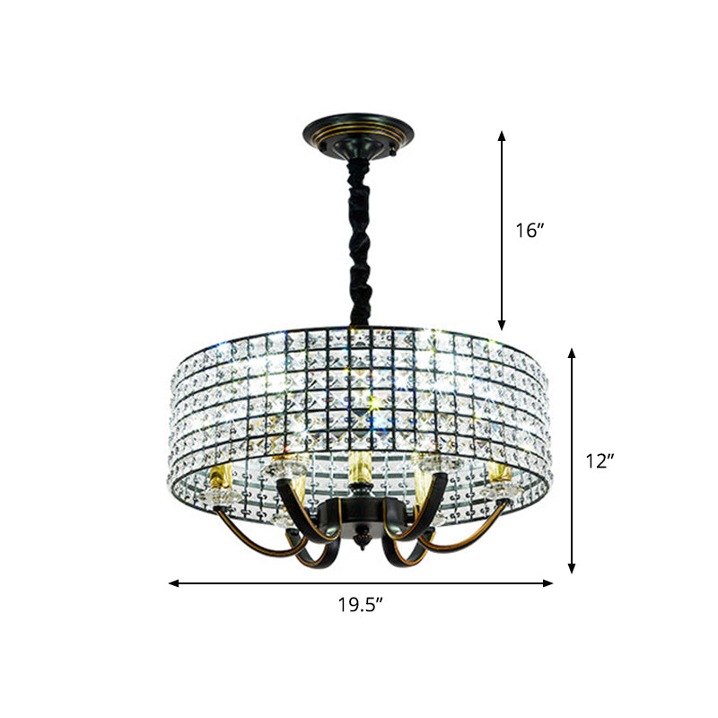 Drum Chandelier Pendant Light Minimalist Crystal-Encrusted 6-Light Dining Room Hanging Lamp in Black