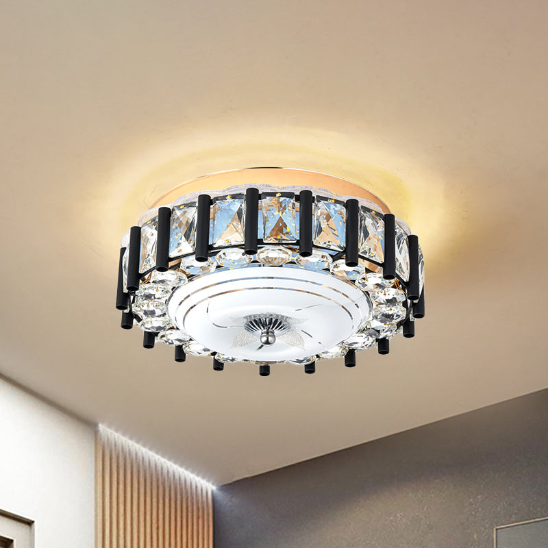 Modern Round Ceiling Mounted Fixture Crystal Block LED Corridor Flush Lighting in Black