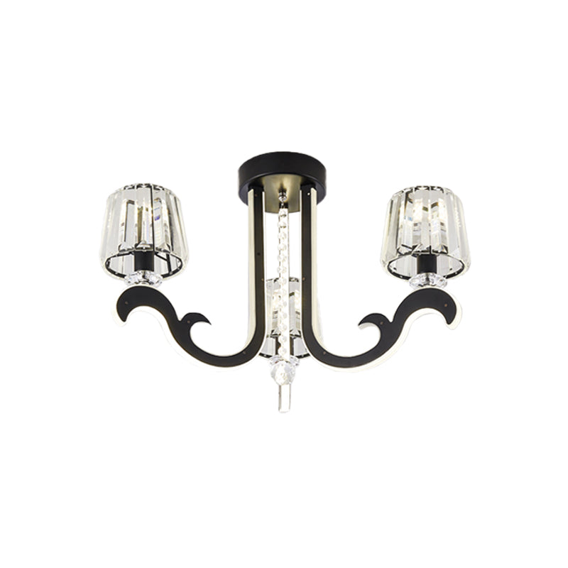 3-Light Bedroom Semi-Flush Ceiling Light Modern Black LED Flush Mounted Lamp with Cone Crystal Block Shade